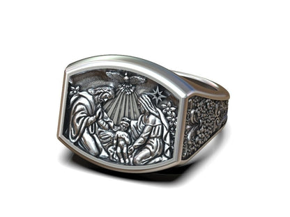 925 Sterling Silver Baby Jesus Nativity Star of Bethlehem Hail Mary Ring US5~15