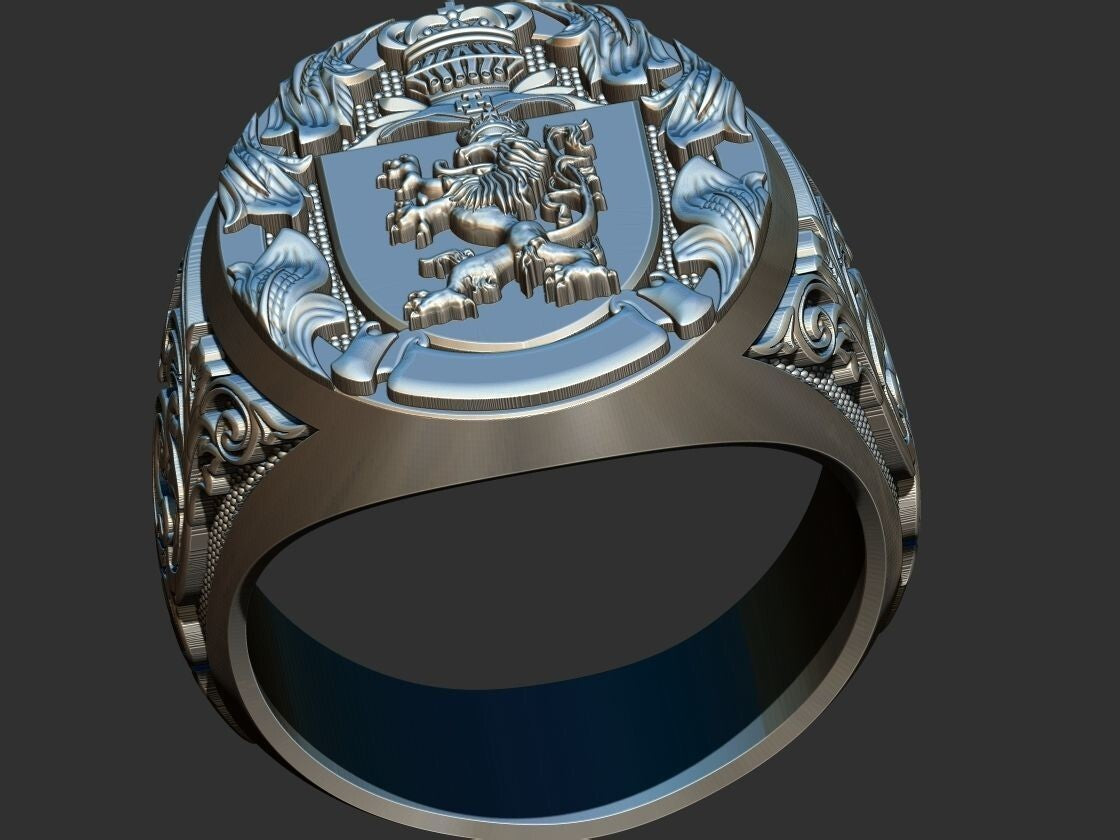 Lion And Roosters Coat of Arms Signet Silver 925 Men's Ring US7-15 Animal Lover