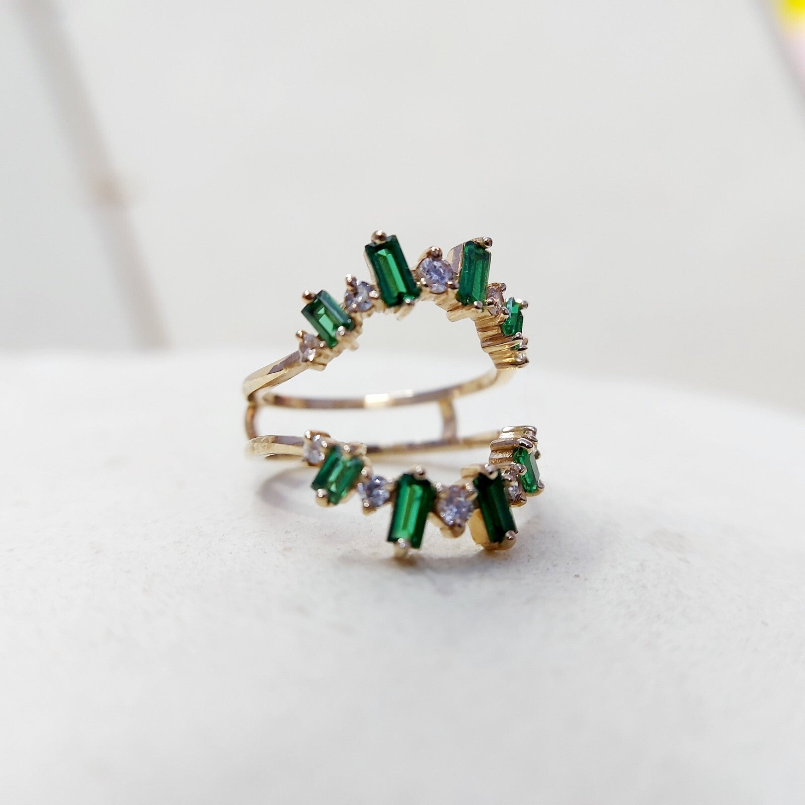 Emerald Baguette Ring Gemstone Set 925 Silver Ring Handmade Wedding Band US5~15