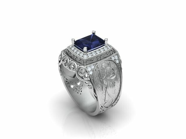 925 Silver Archangel Saint Michael Cross Sapphire Biker Ring Men US5-15 Gift