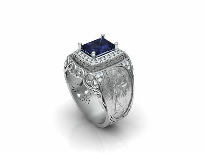 925 Silver Archangel Saint Michael Cross Sapphire Biker Ring Men US5-15 Gift