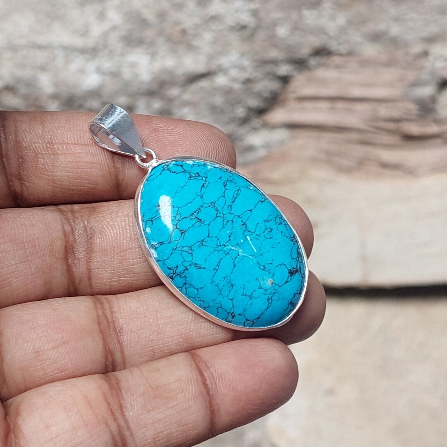 Oval Turquoise 925Sterling Silver Pendant Necklace Handmade Jewelry Wedding Gift