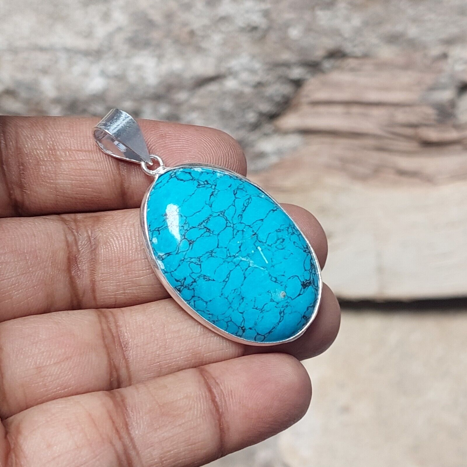 Oval Turquoise 925Sterling Silver Pendant Necklace Handmade Jewelry Wedding Gift