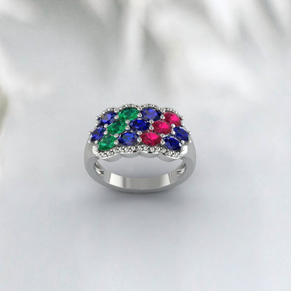 Natural Oval Cut Blue Sapphire 925 Sterling Silver Ruby & Emerald Antique Ring 