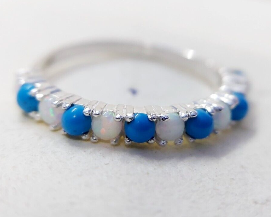 Turquoise Opal Eternity Wedding Band 925 Silver Natural Gem Women Ring Us5~ 15