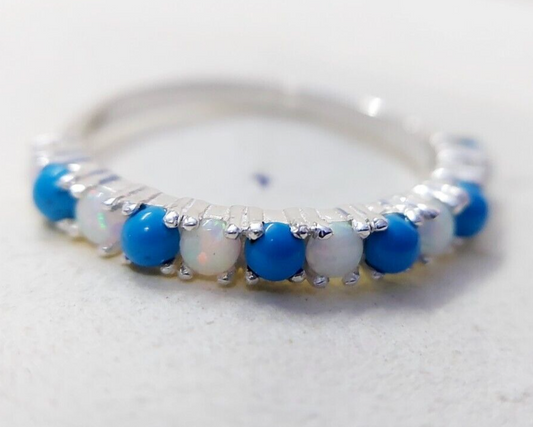 Turquoise Opal Eternity Wedding Band 925 Silver Natural Gem Women Ring Us5~ 15