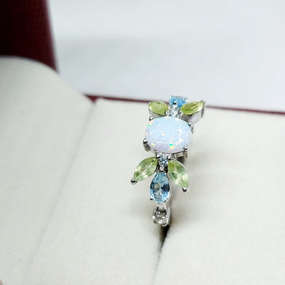 925 Silver Peridot Opal Cluster Ring Oval Cut Opal Promise Wedding Ring US5 ~15