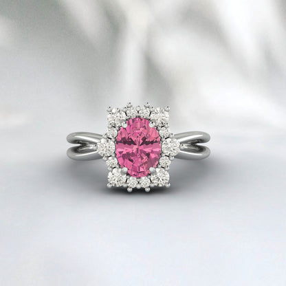 Natural Pink Tourmaline Cluster Ring 925 Sterling Silver Ring Oval Cut Pink Ring