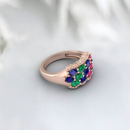 Natural Oval Cut Blue Sapphire 925 Sterling Silver Ruby & Emerald Antique Ring 