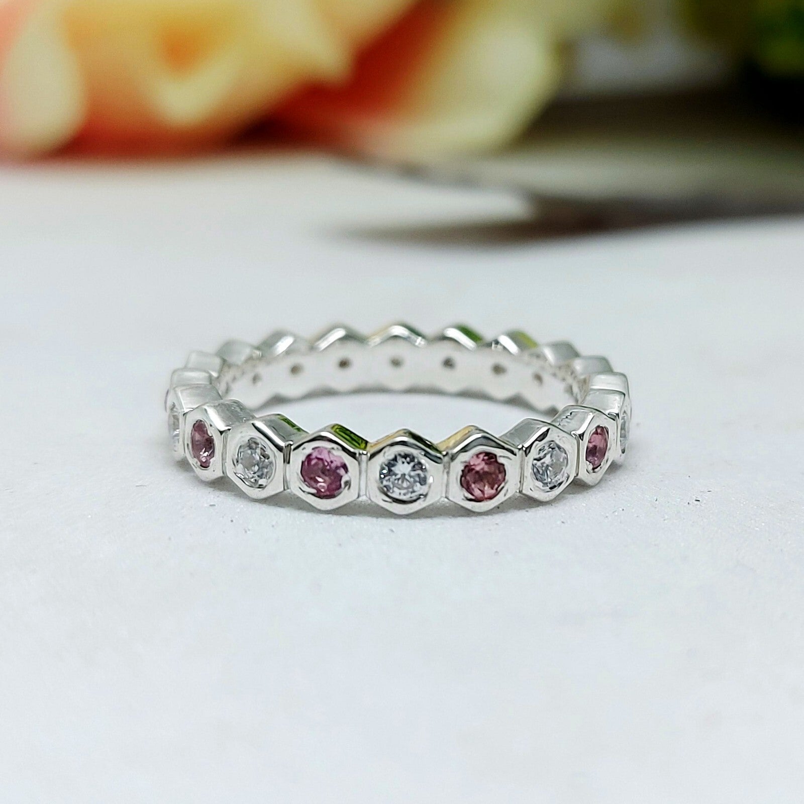 Natural Pink Tourmaline Eternity Band 925 Sterling Silver Wedding Band For Her
