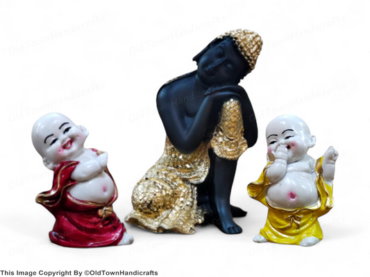 Divine Resting Buddha Idol with Two Child Monks Home Office Decor Gift Showpiece