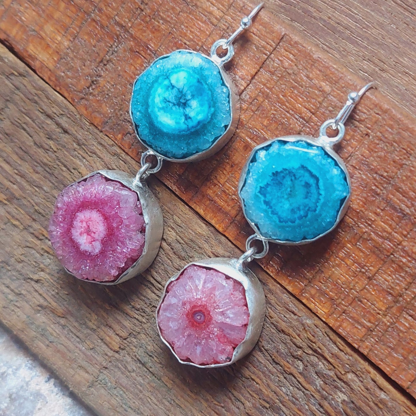 Blue And Pink Solar Quartz 925sterling Silver Handmade Earring For Her Mother