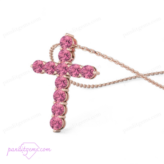 925 Silver Cross Necklace featuring a Natural Pink Tourmaline gemstone, elegant design.