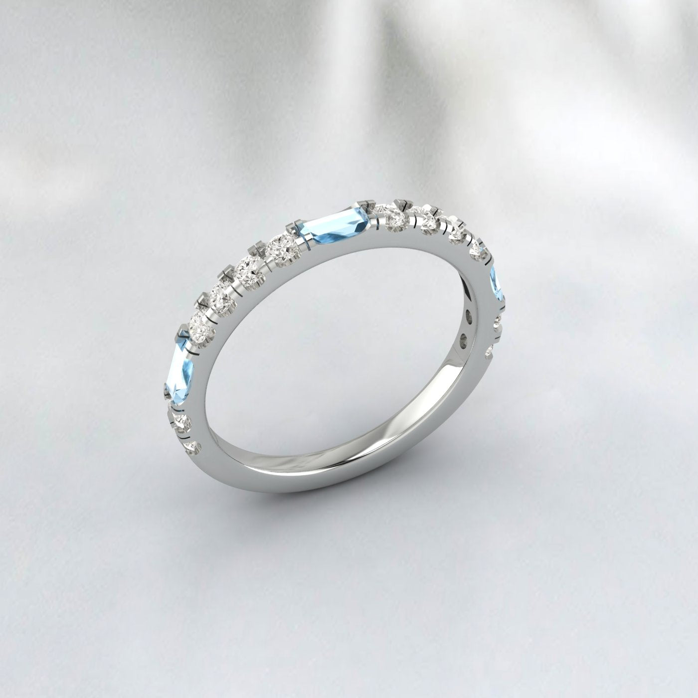 Baguette de topaze et demi-éternité de diamants - Bague de mariage en or 14 carats