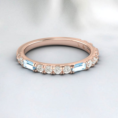 Baguette de topaze et demi-éternité de diamants - Bague de mariage en or 14 carats