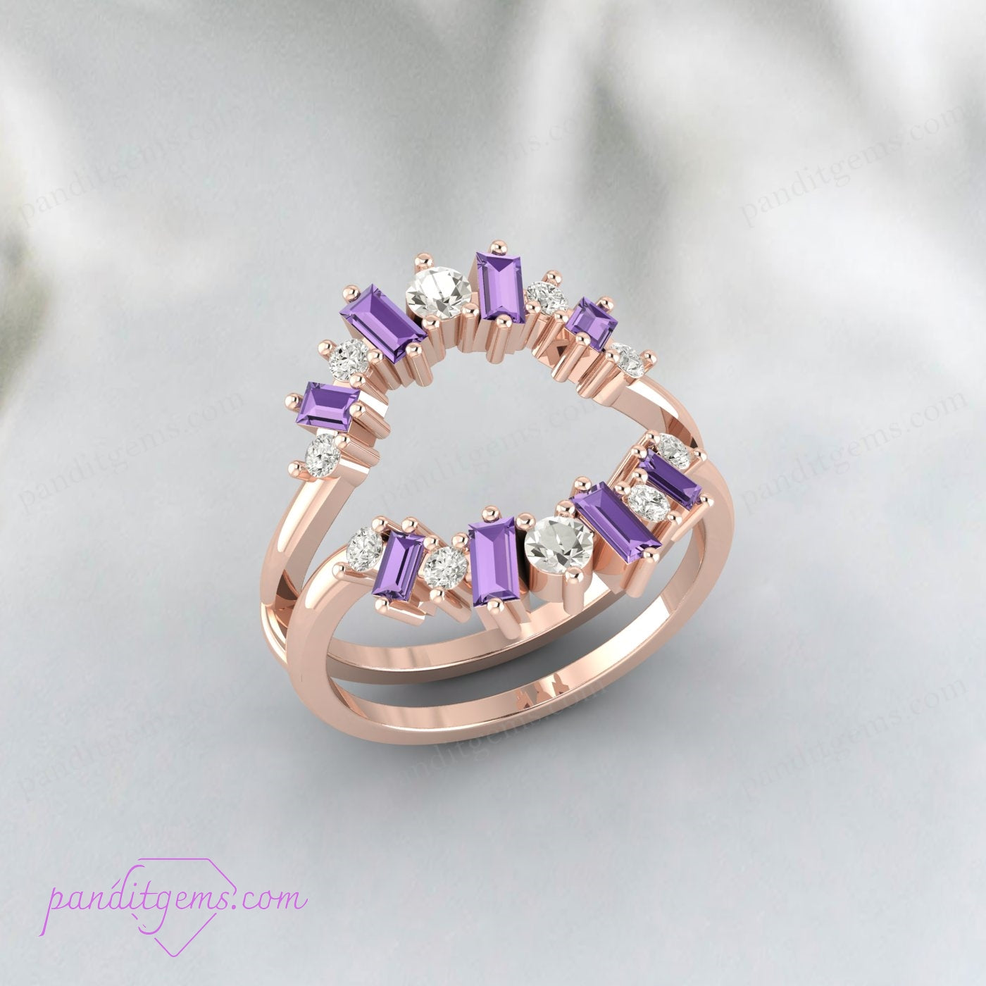 Sterling Silver Wedding Ring Guard with Amethyst and Simulated Diamonds