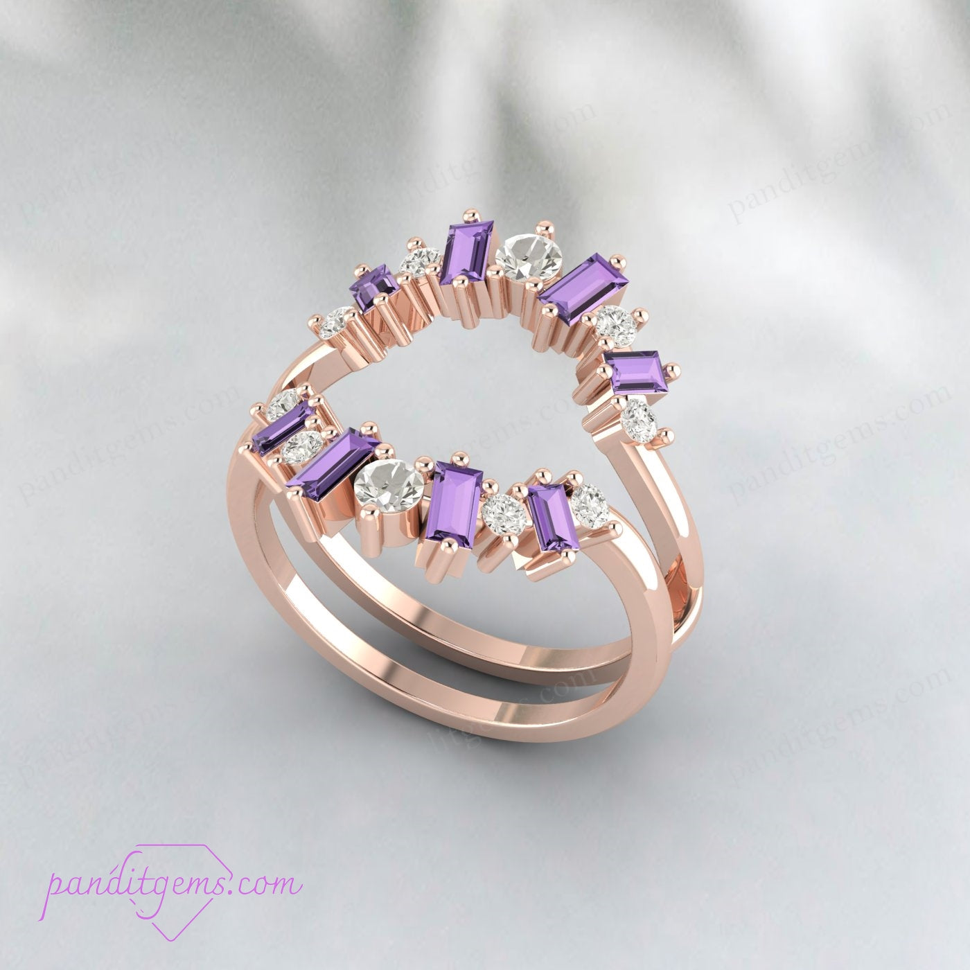 February Birthstone Amethyst Baguette and Round Cut Wedding Ring Guard in Silver