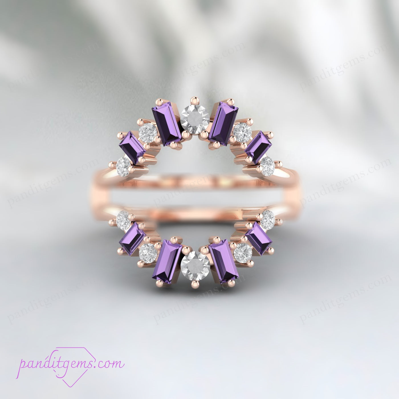 Double Curved Amethyst Baguette and Round Cut Engagement Ring Guard in 925 Silver