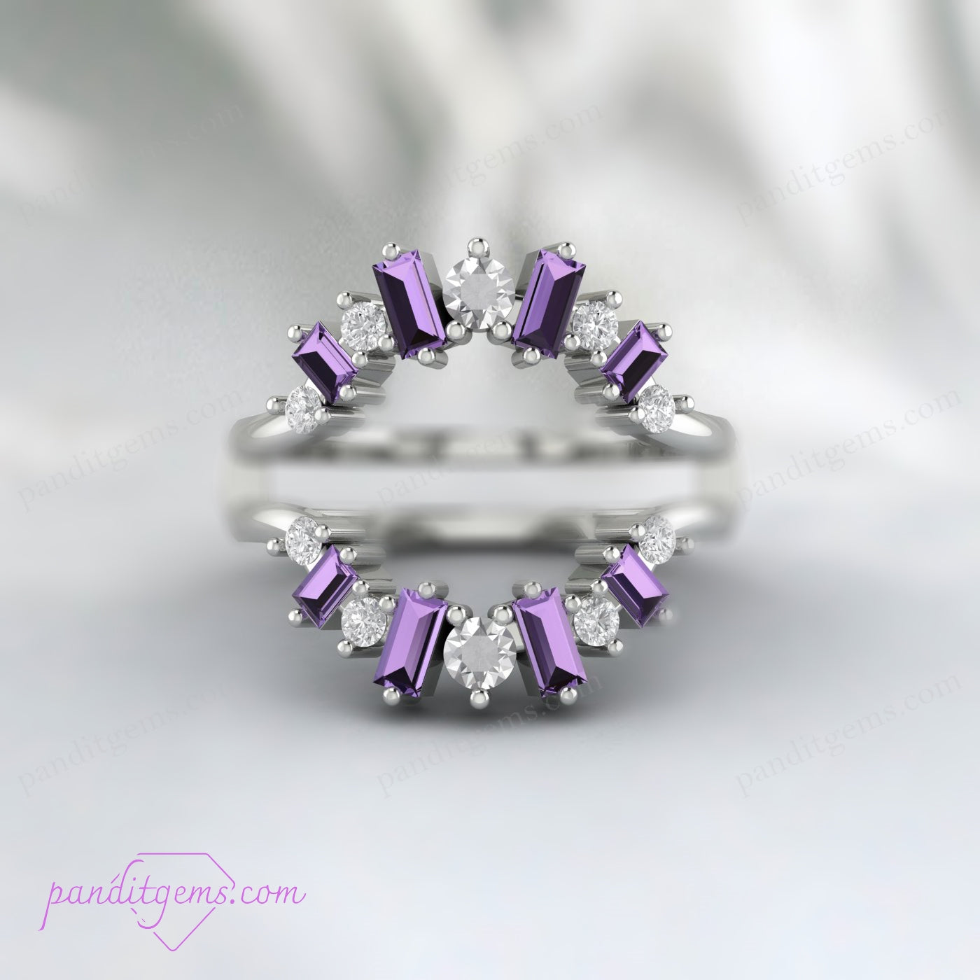 Purple Amethyst and White Diamond Wrap Ring, Enhancer for Wedding or Engagement in Silver