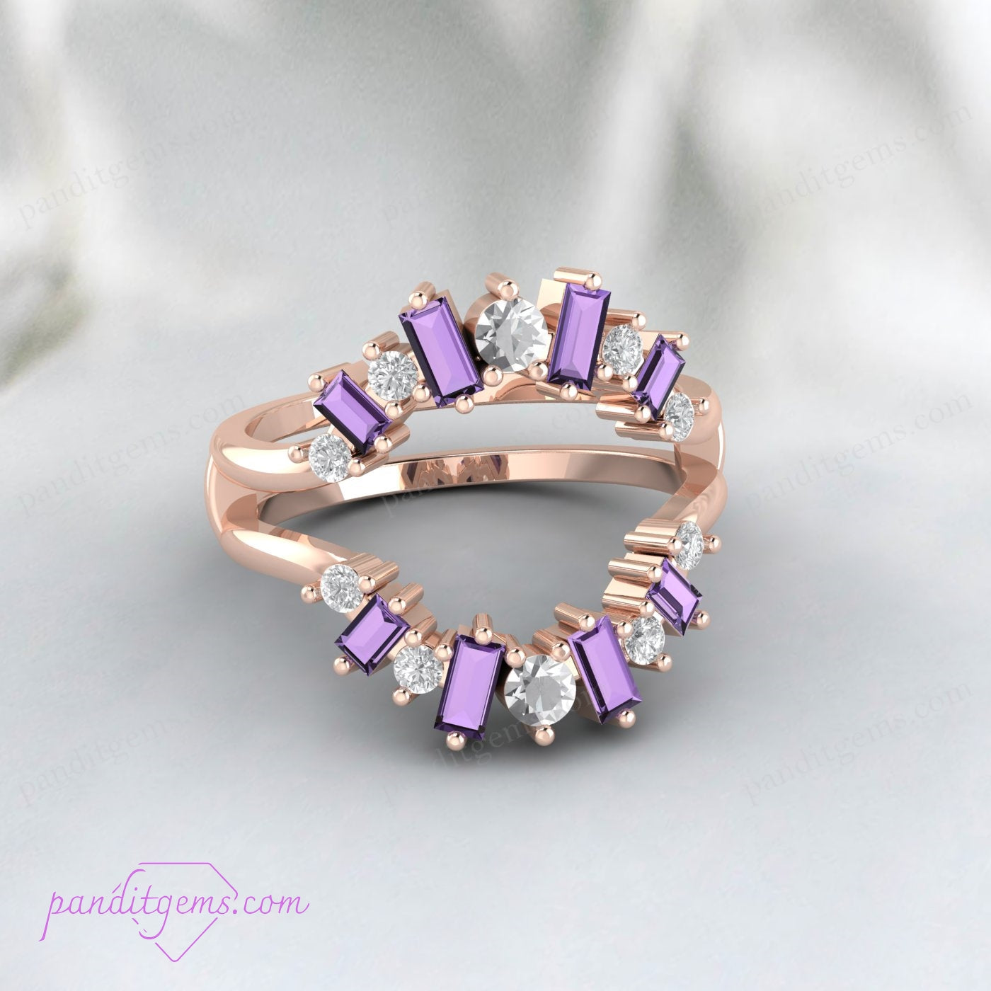 1.20 Ct Amethyst Baguette and Round Cut Enhancer Engagement Ring Guard in 925 Sterling Silver