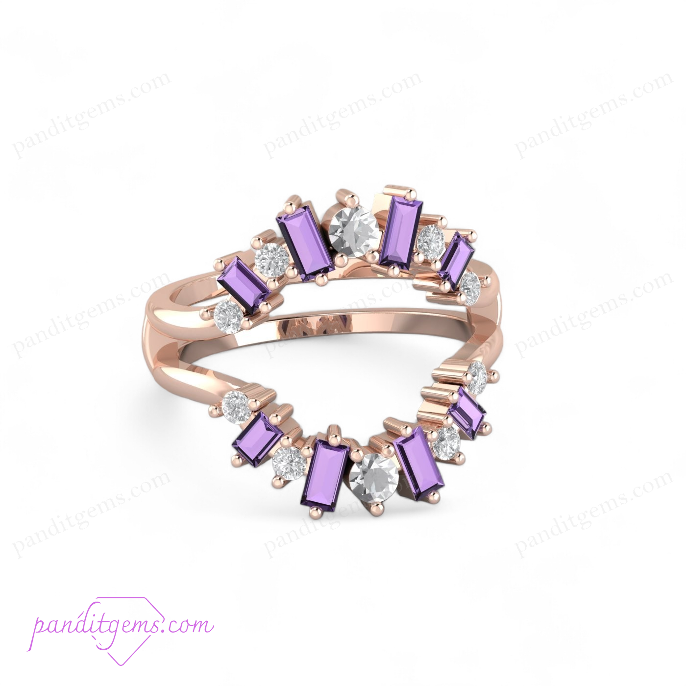 1.20 Ct Amethyst Baguette and Round Cut Enhancer Engagement Ring Guard in 925 Sterling Silver