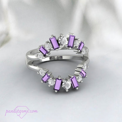 Purple Amethyst and Simulated Diamond Wrap Ring in Sterling Silver, Birthstone for February