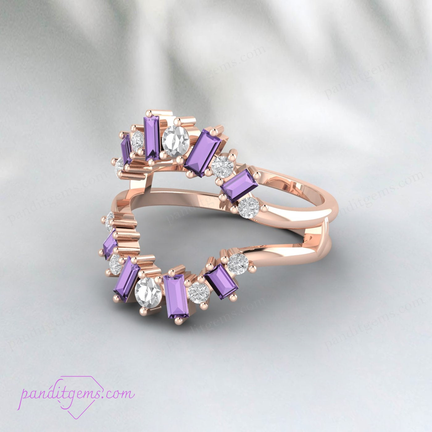 Handcrafted Amethyst and Diamond Wedding Ring Guard Enhancer in 925 Sterling Silver