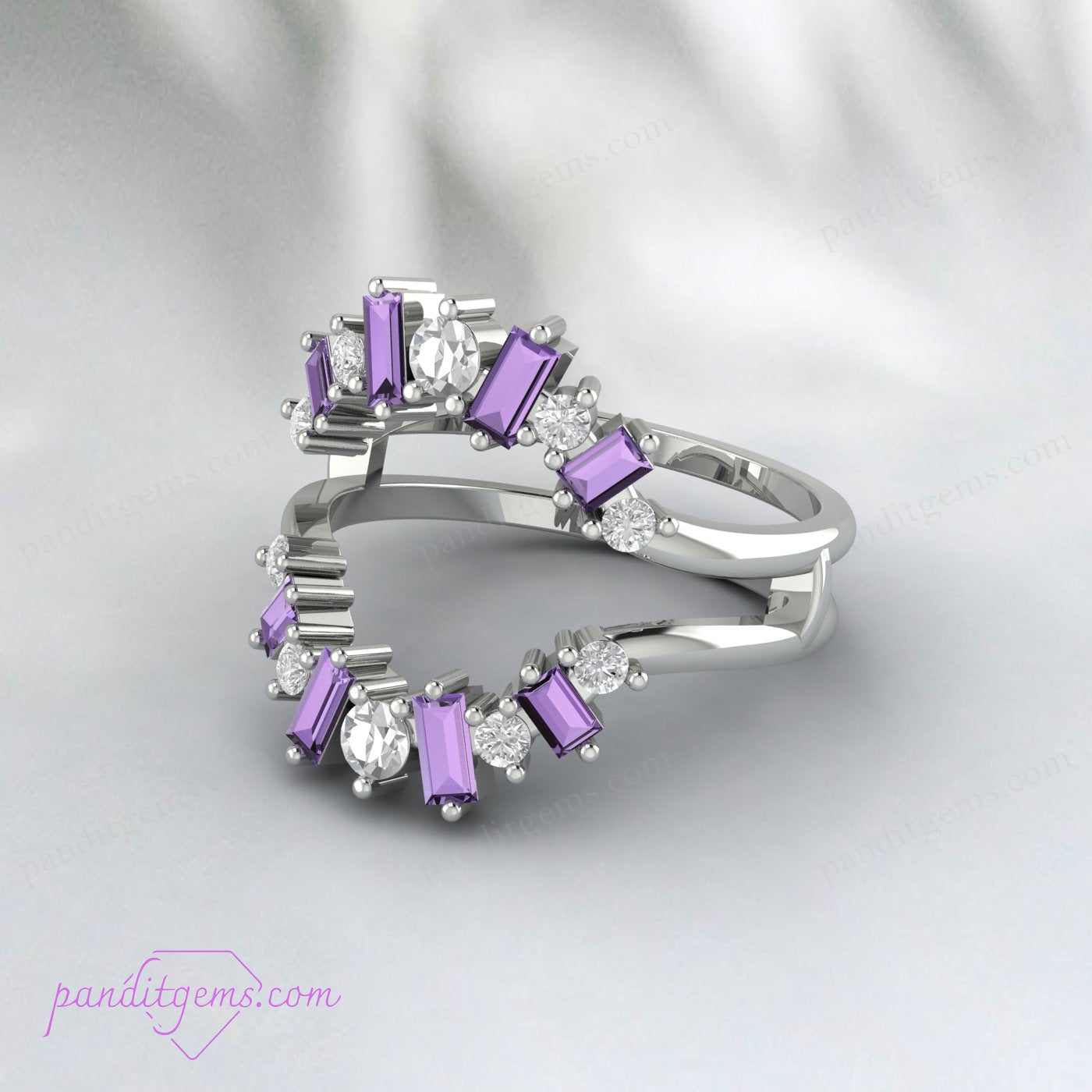 Elegant Amethyst Baguette and Round Cut Wrap Ring for Engagement or Wedding in Silver