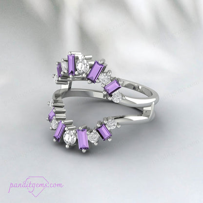 Elegant Amethyst Baguette and Round Cut Wrap Ring for Engagement or Wedding in Silver