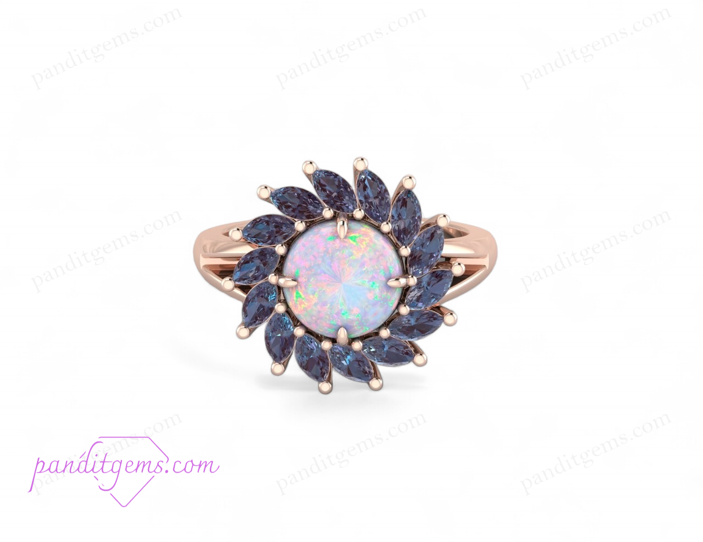 A close-up of a 14k gold-filled Opal and Alexandrite ring in sterling silver with a vintage-inspired halo design.