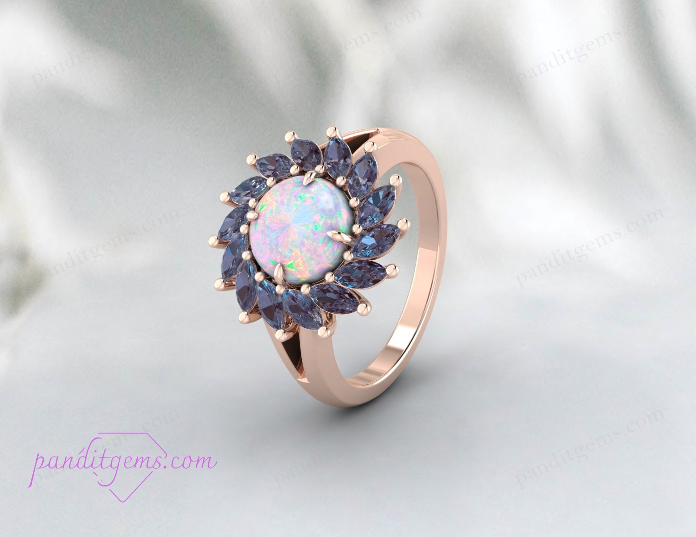 A dazzling full eternity Opal and Alexandrite ring with a rainbow-hued opal centerpiece.
