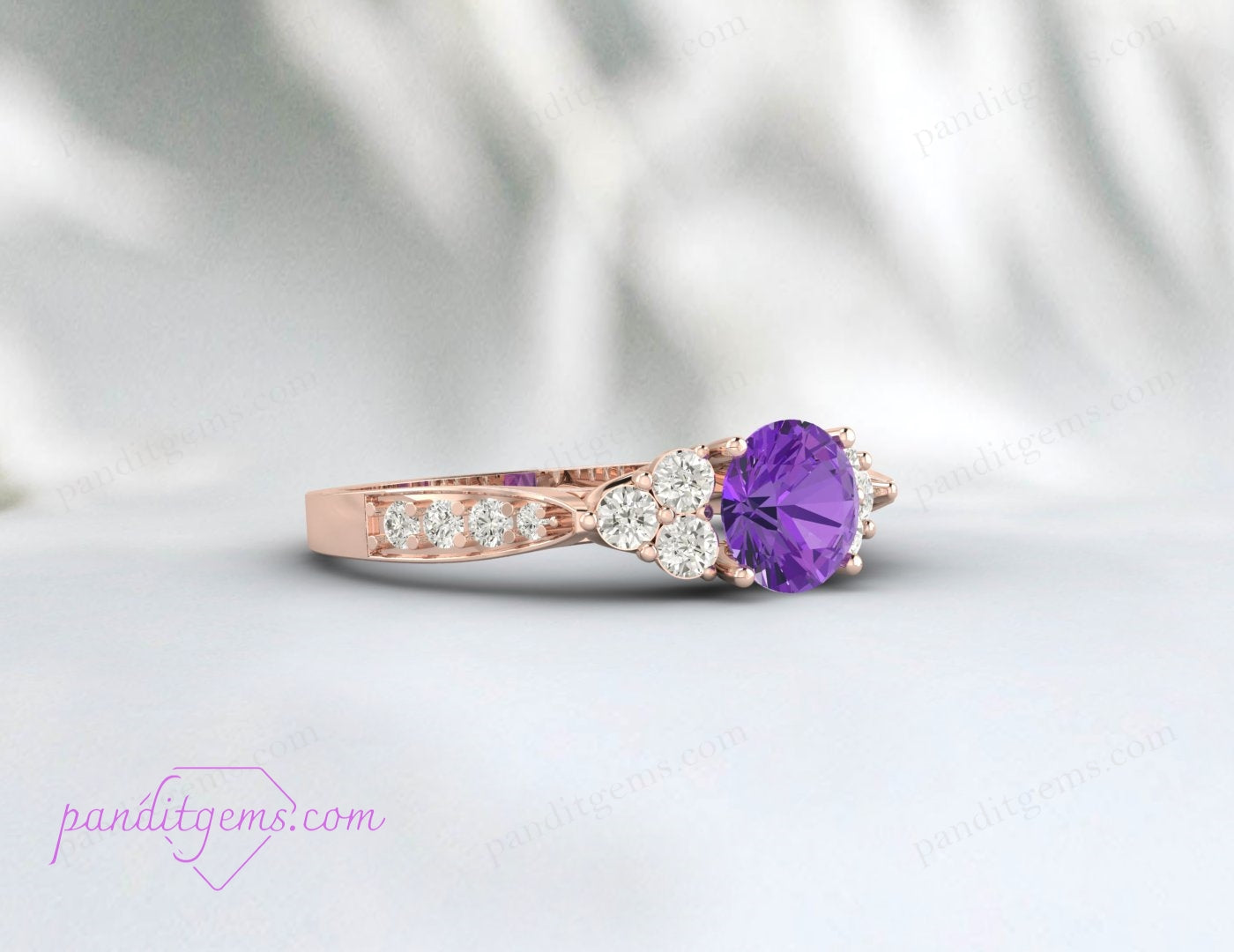 A delicate Amethyst and Moissanite eternity shank ring on display, perfect for engagements.
