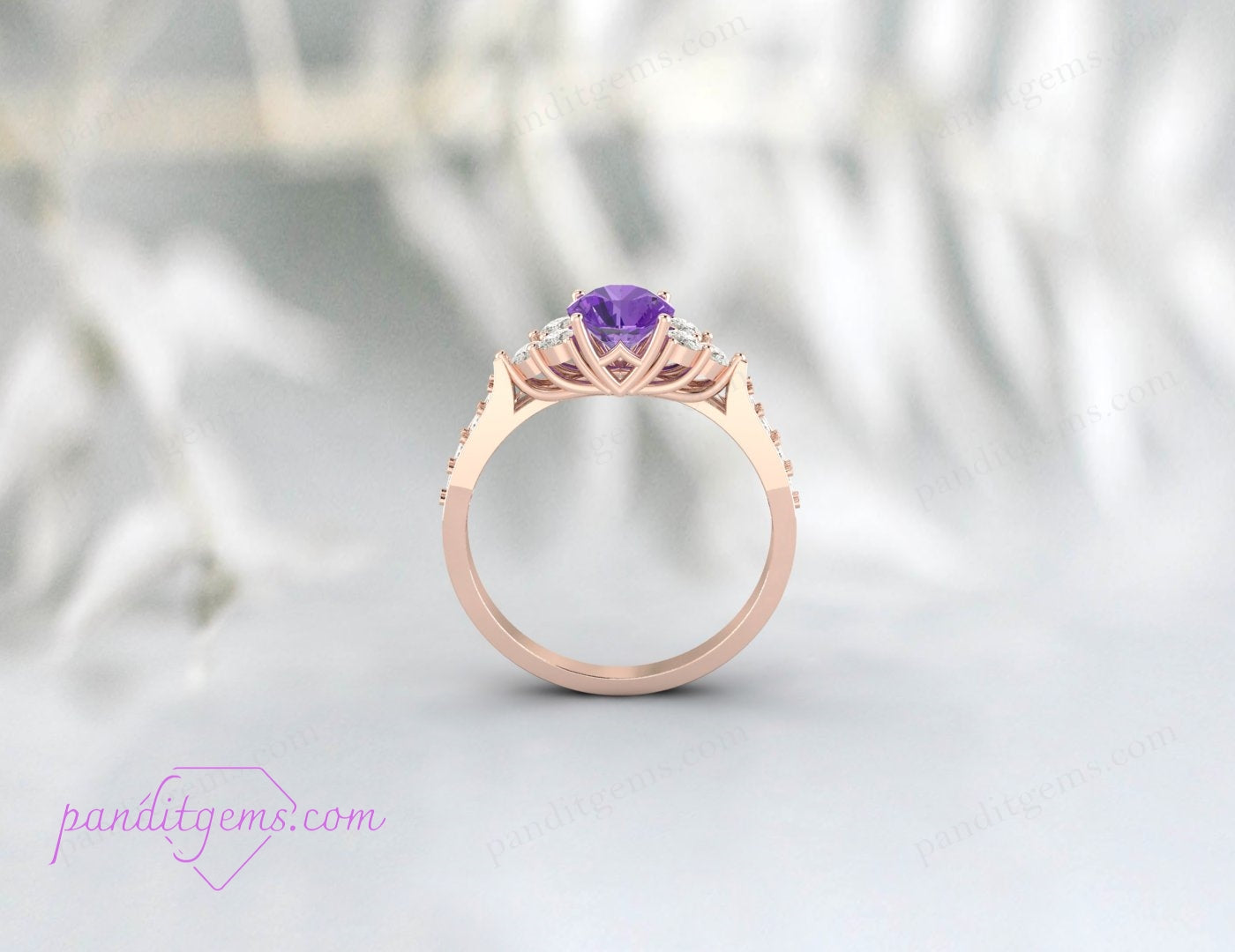 A detailed shot of the amethyst engagement ring showing the moissanite eternity band.
