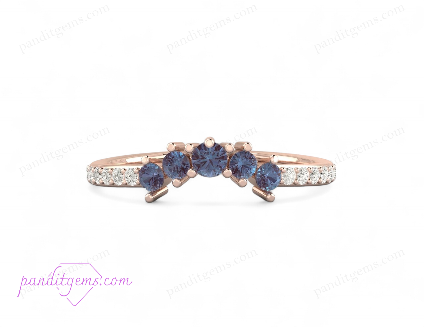 A curved V-shaped wedding band featuring Alexandrite and moissanite stones.