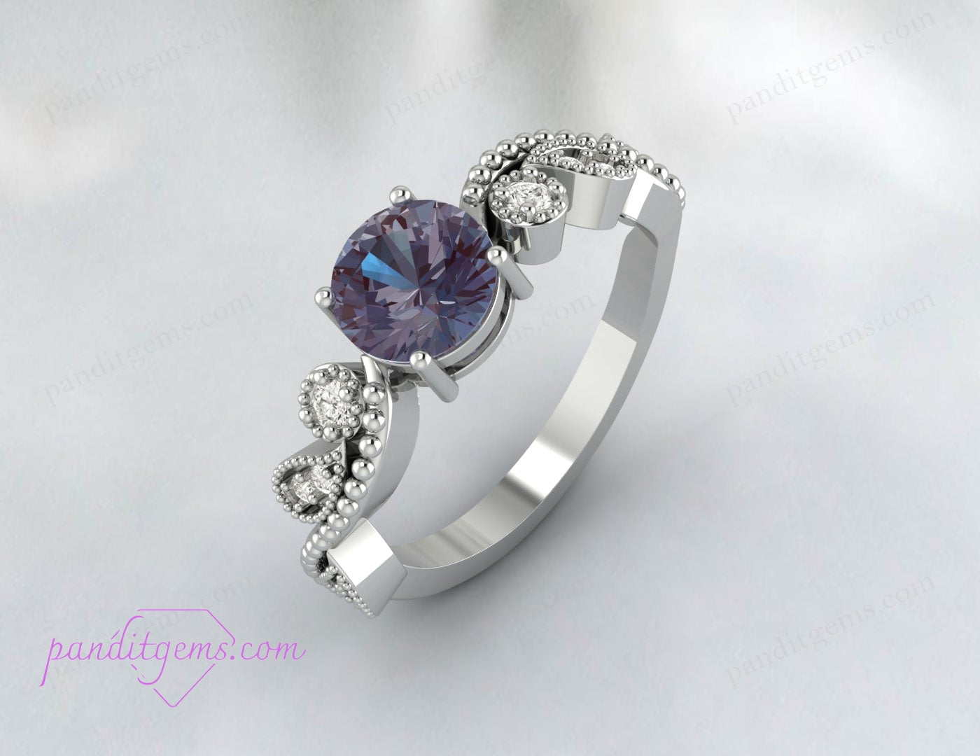Alexandrite Ring with Green to Red Color-Changing Gemstone