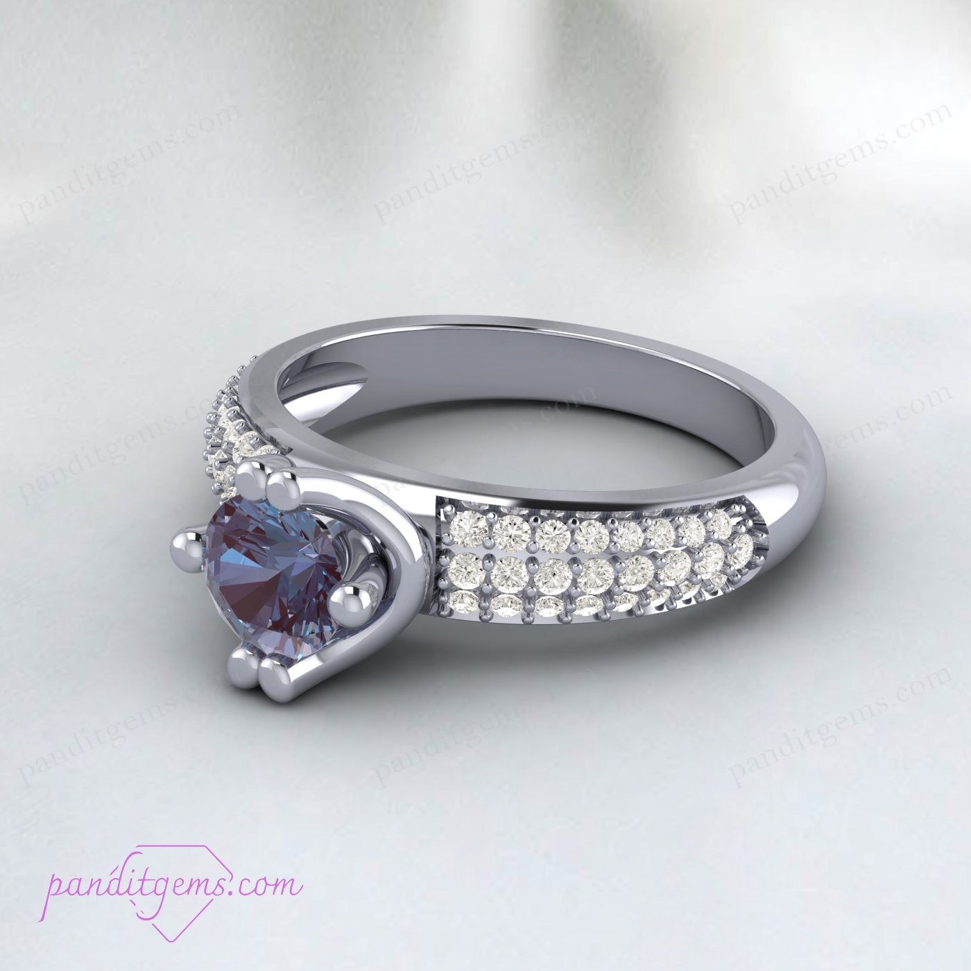 Alexandrite and diamond wedding band with customizable metal options.