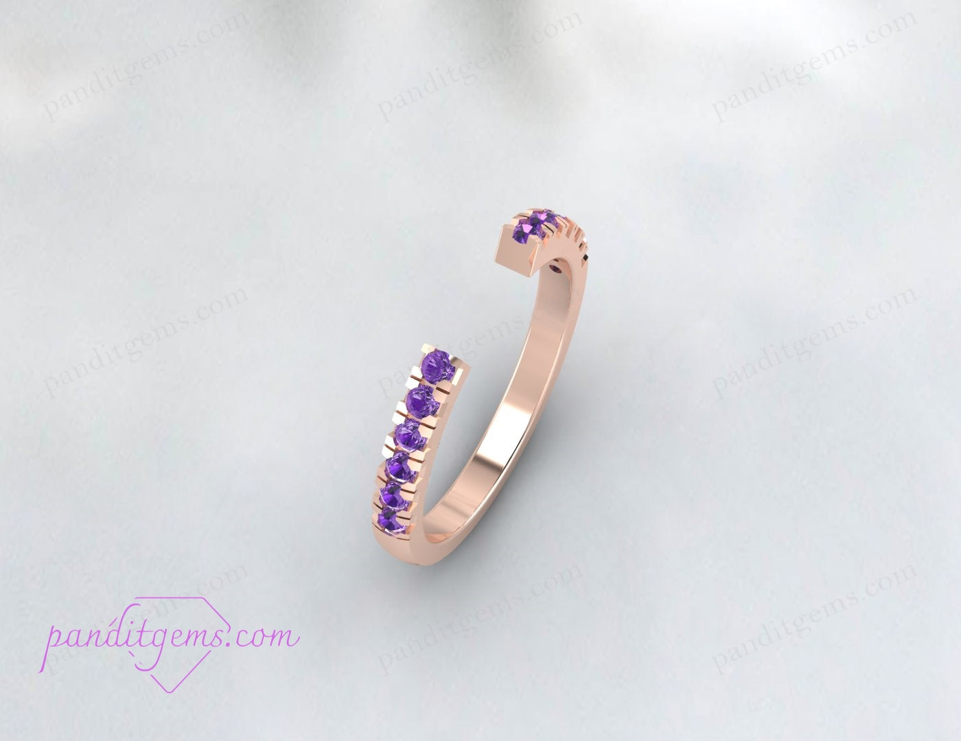 Amethyst half eternity band in rose gold, showcasing a unique open gap design.