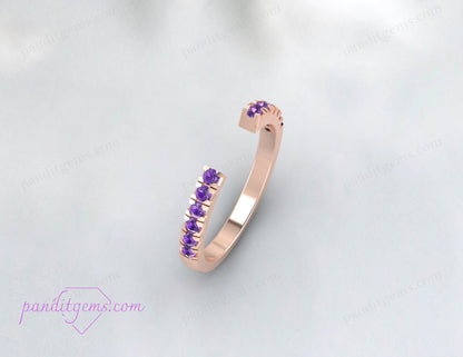 Amethyst half eternity band in rose gold, showcasing a unique open gap design.
