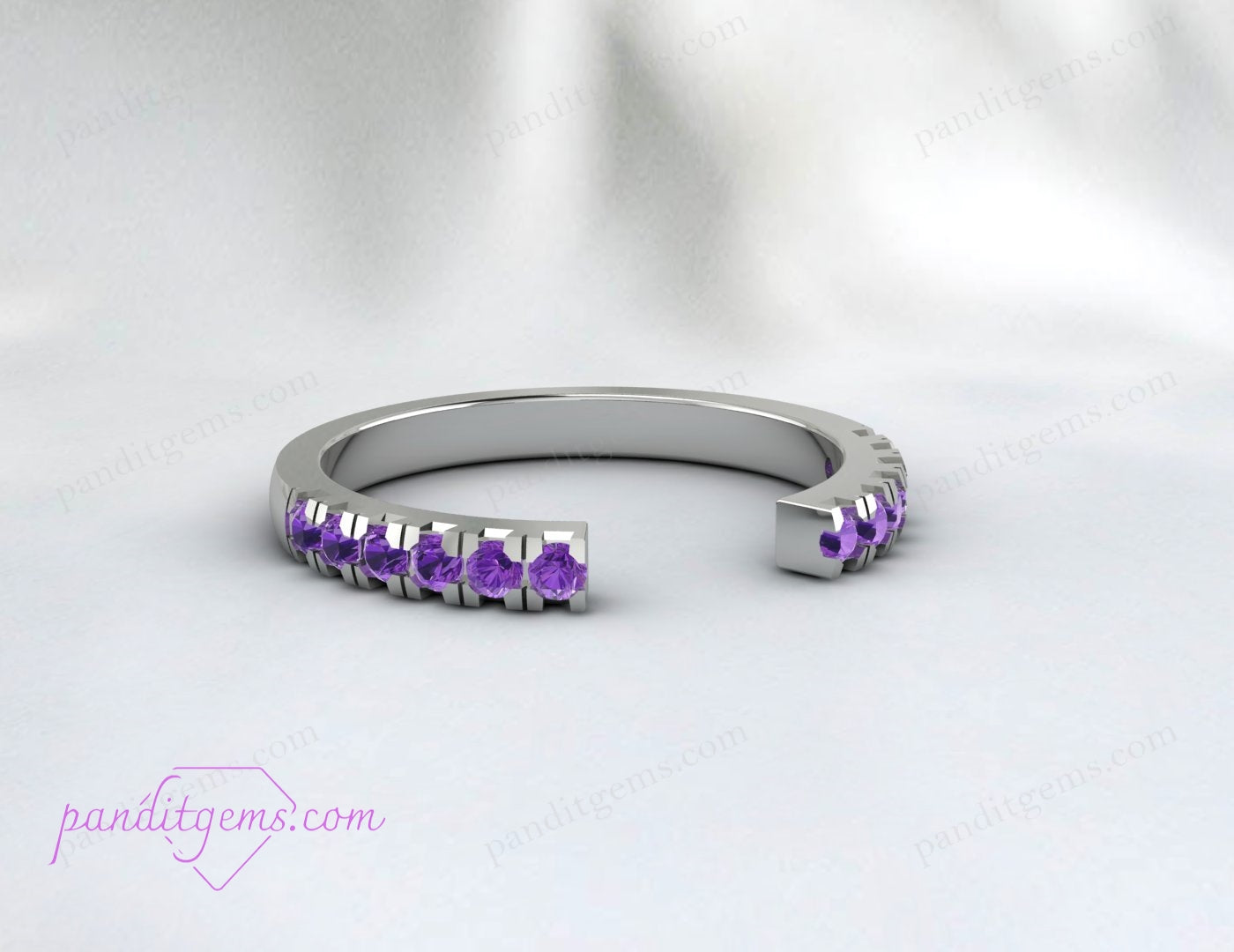 Amethyst open gap wedding band in sterling silver, a perfect promise or bridal gift.