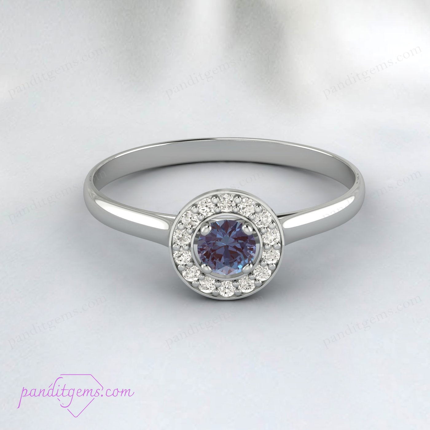 Antique style wedding band with Alexandrite and diamond halo.