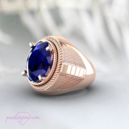 Blue Sapphire Men's Ring in 925 Sterling Silver - Oval Sapphire Gemstone September Birthstone Ring - Personalized Grooms Engagement Gift