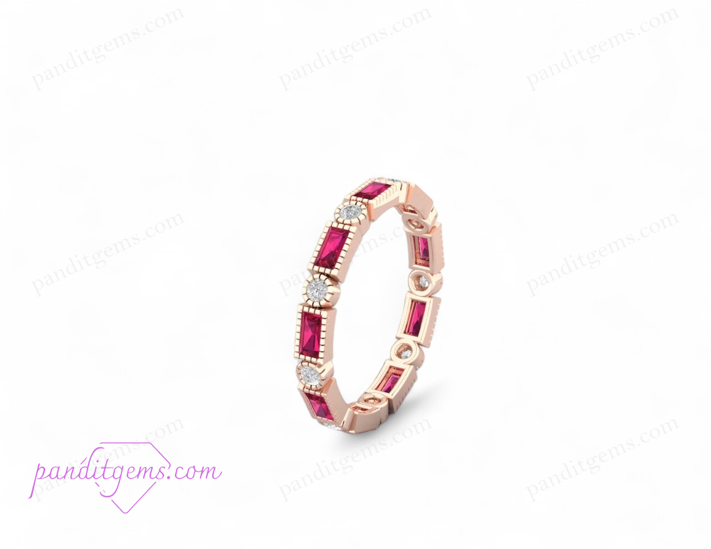 Baguette Ruby and CZ Diamond Eternity Wedding Band in 925 Sterling Silver, featuring alternating red rubies and round diamonds.