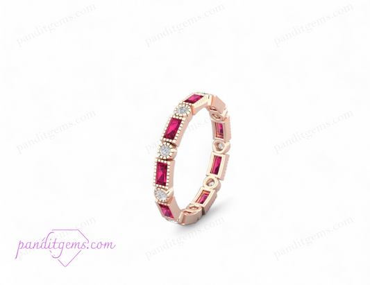 Baguette Ruby and CZ Diamond Eternity Wedding Band in 925 Sterling Silver, featuring alternating red rubies and round diamonds.