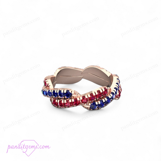 Blue Sapphire and Ruby Infinity Wedding Band in Sterling Silver, featuring a twisted design with lab-grown gemstones.