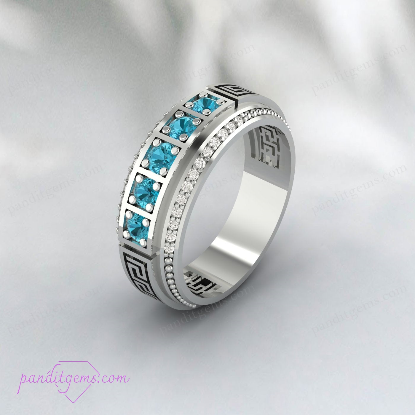 Blue Topaz Birthstone Ring with Greek Ancient Style Patterns
