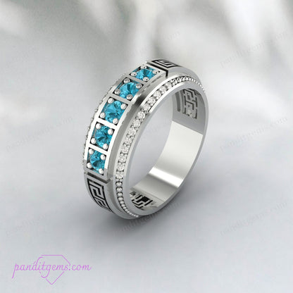 Blue Topaz Birthstone Ring with Greek Ancient Style Patterns