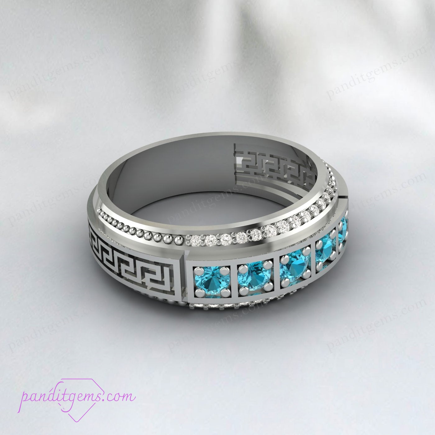 Blue Topaz Wedding Band with Greek Key Frieze and Open Work Design