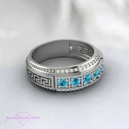 Blue Topaz Wedding Band with Greek Key Frieze and Open Work Design