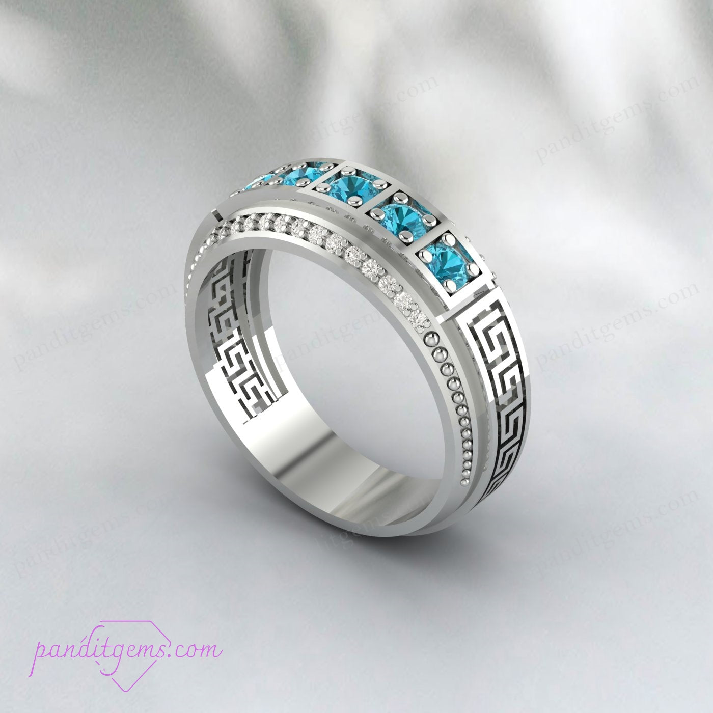 Blue Topaz and Simulated Diamond Ring Guard with Spiral Meander