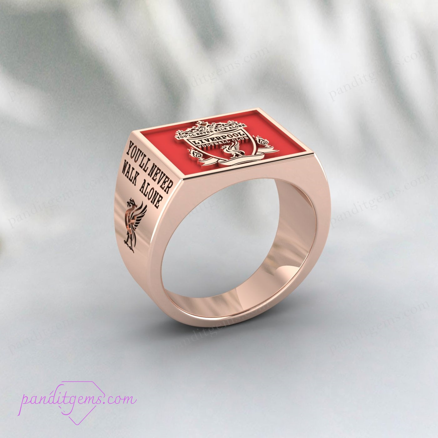 Cast 925 sterling silver football ring with intricate detailing and red enamel.